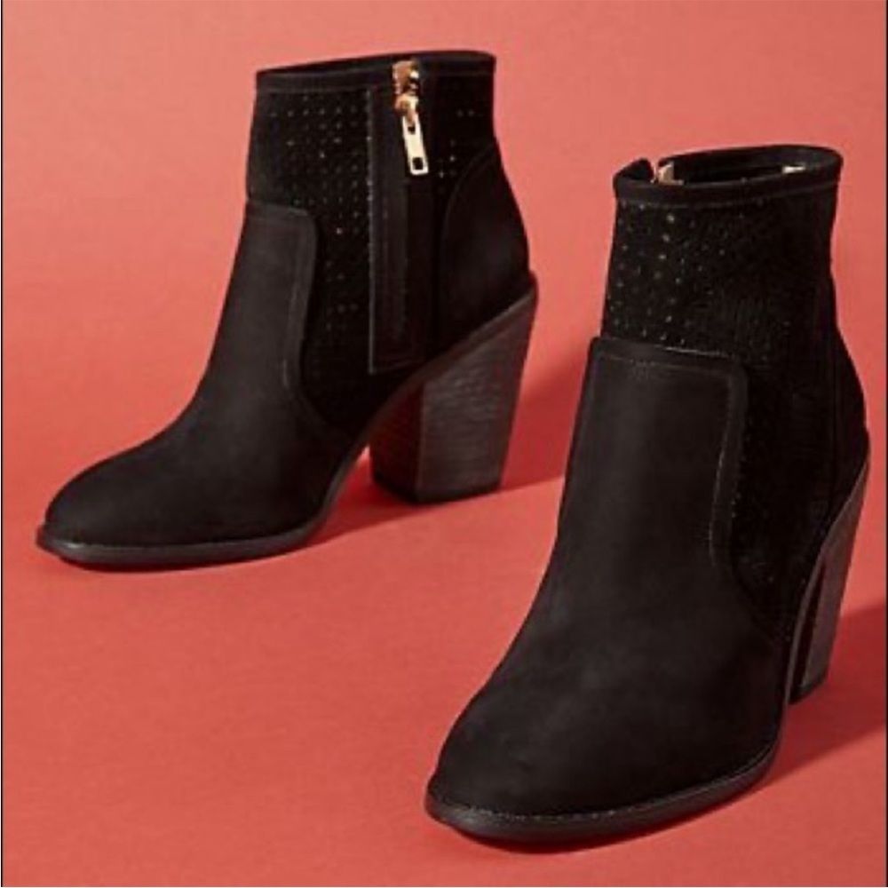 Anthropologie Ryan Perforated Suede Heeled Ankle Boots in Black Size 8
